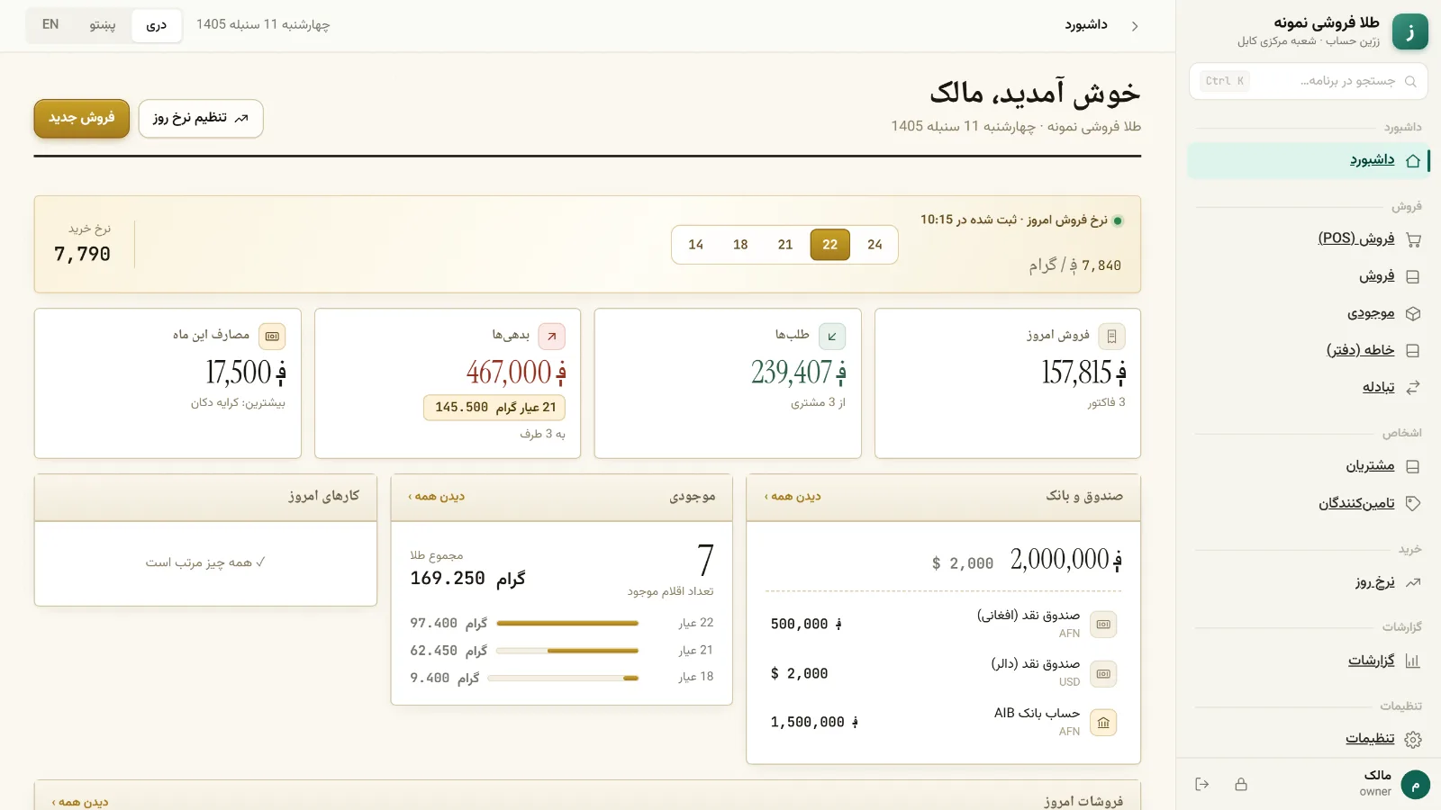 داشبورد واقعی زرّین حساب روی کمپیوتر — فروش امروز، طلب‌ها، بدهی‌ها، صندوق و بانک، و طلا به تفکیک عیار